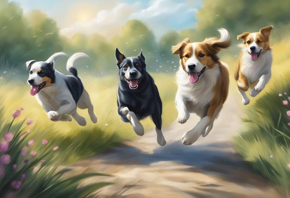 4 dogs running in a dream