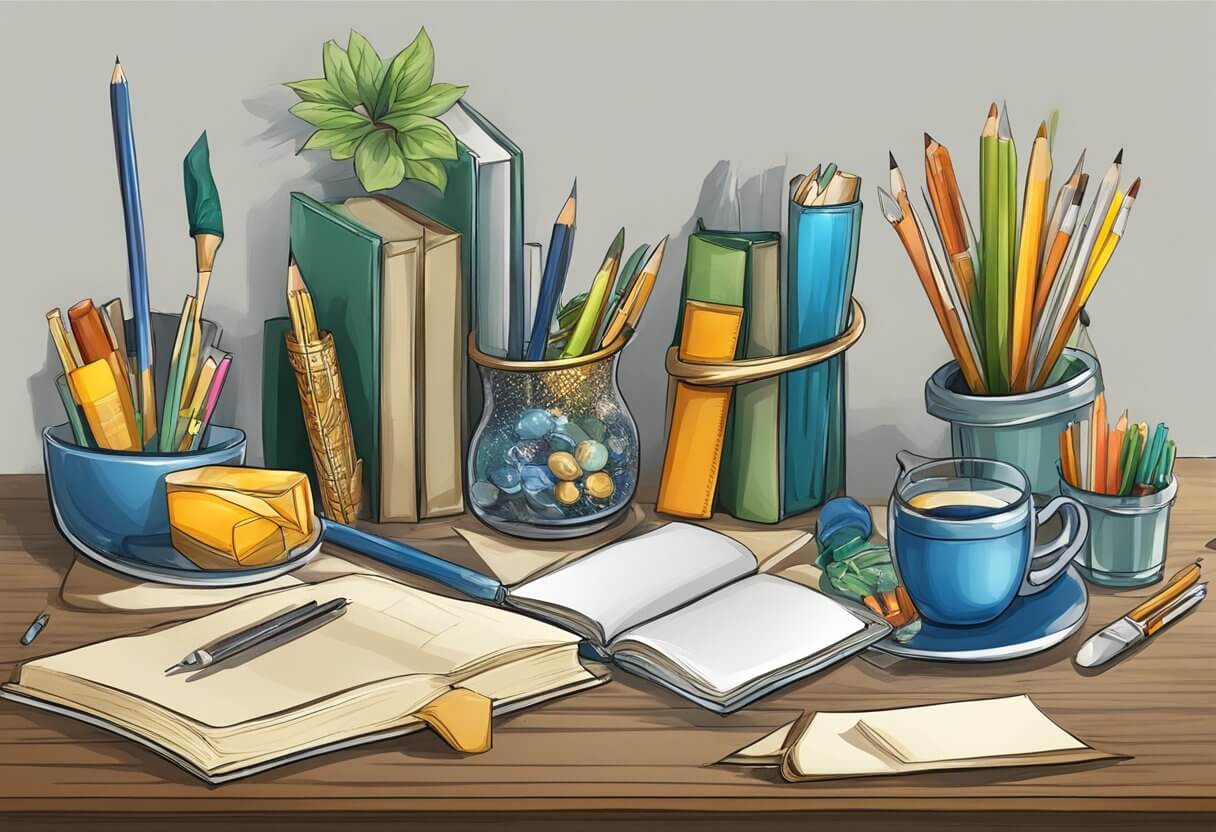 table with books and pens