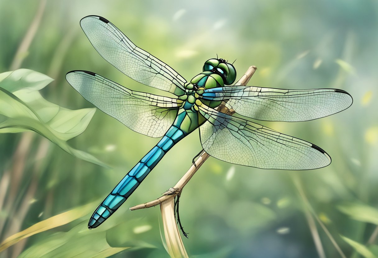 Dragonfly landing on a log