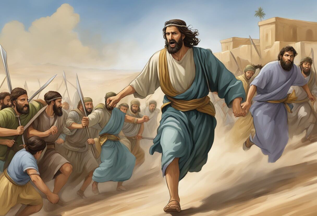 Jesus running away from many people