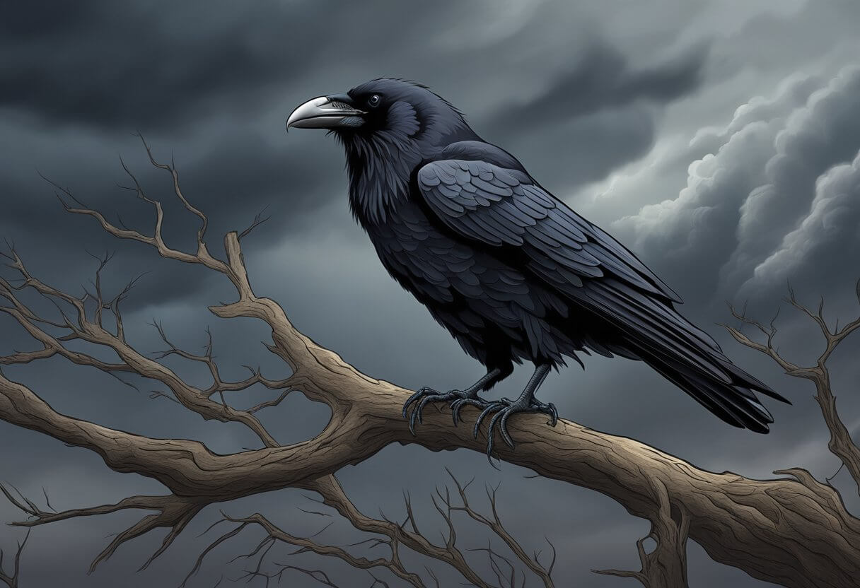 A black raven perched on a withered tree, against a stormy sky, symbolizing darkness and mourning in biblical context