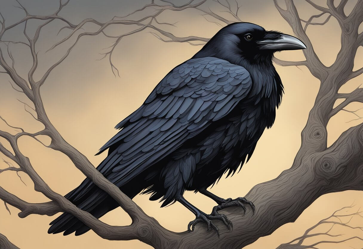 A black raven perched on a barren tree branch, surrounded by darkness, symbolizing mourning, sin, and death in the Bible