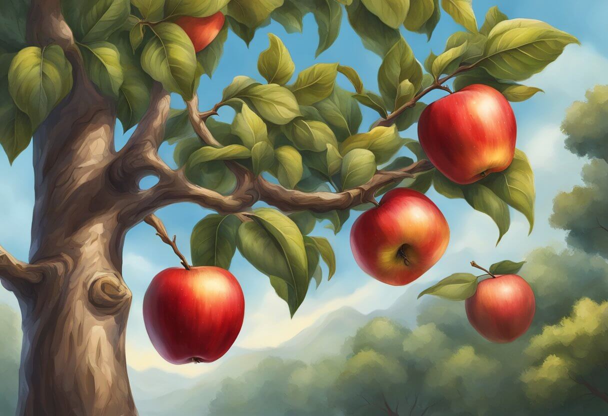 A vibrant red apple hangs from a tree, symbolizing passion and sacrifice in biblical cultures