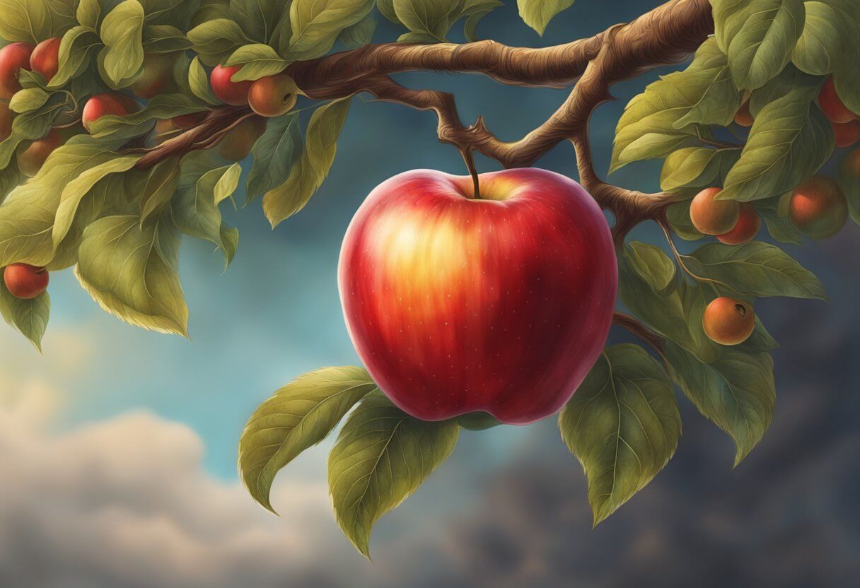 A vibrant red apple hanging from a tree, symbolizing sin and temptation in the biblical context