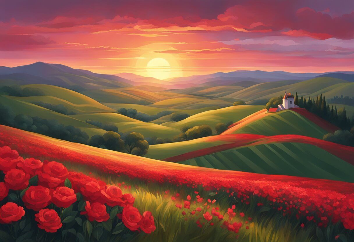 A crimson sunset over rolling hills, symbolizing passion, sacrifice, and redemption. Red flowers bloom, representing love and the blood of Christ