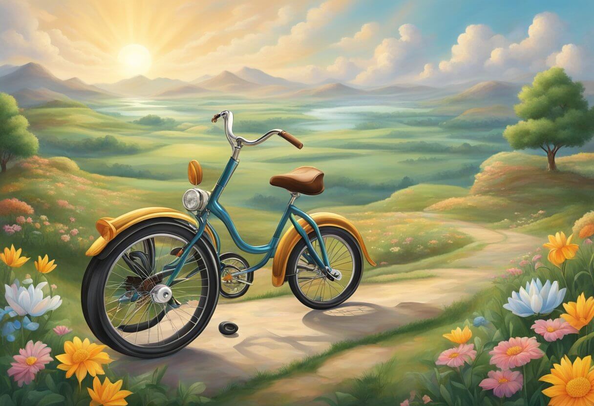 A tricycle sits in a dreamlike landscape, surrounded by symbols of spirituality and biblical imagery. The tricycle represents a journey of faith and divine guidance