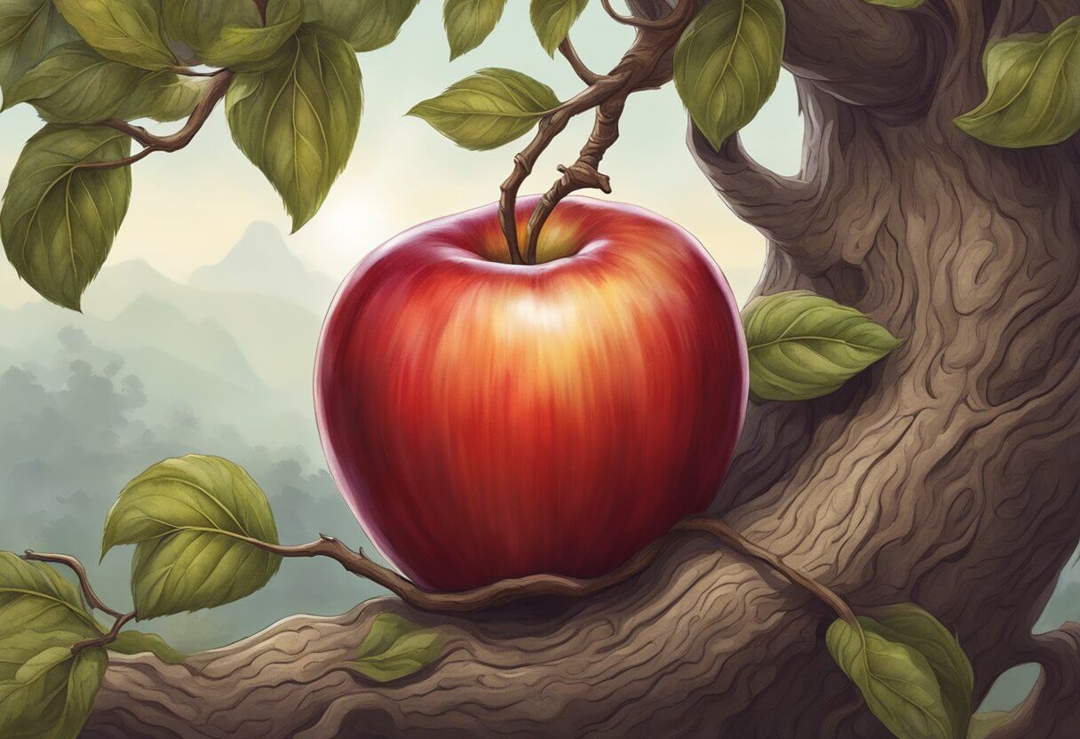 A red apple on a tree, symbolizing sin and temptation, with a serpent wrapped around the trunk, representing evil and deception