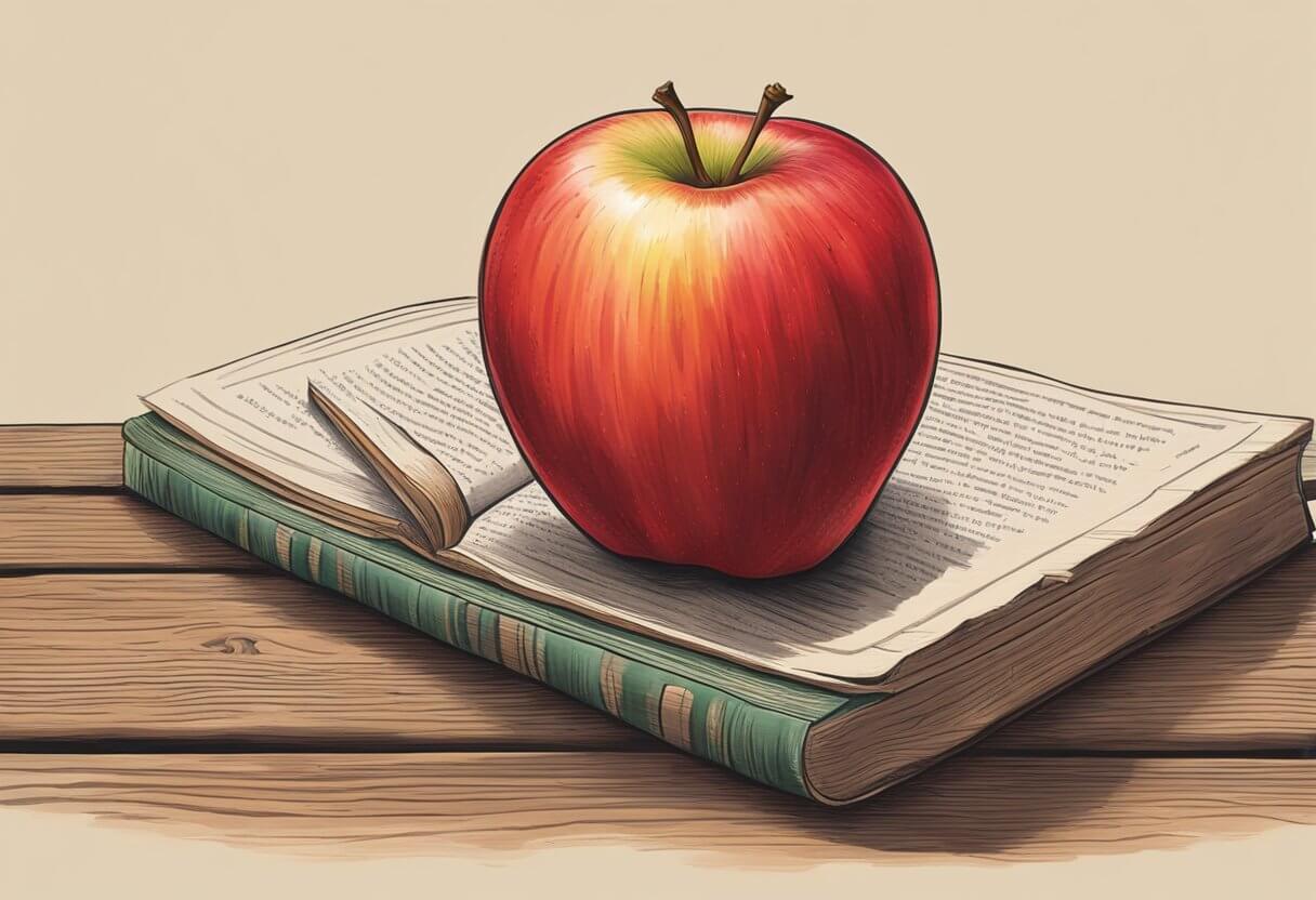 A vibrant red apple sits atop a weathered wooden table, symbolizing the final words of biblical significance