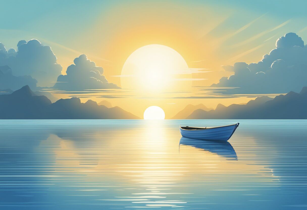 A serene blue sky with a shining sun, surrounded by calm waters and a sense of peace and tranquility