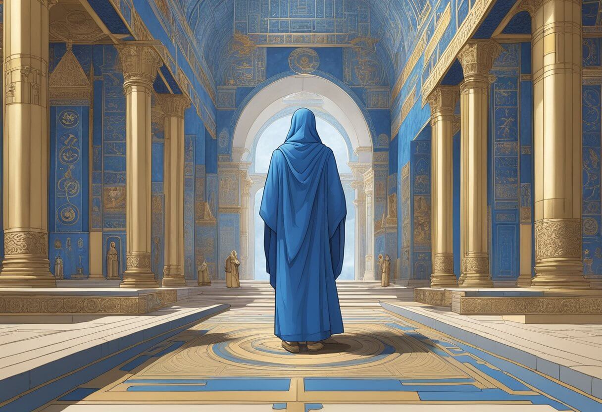 A blue-robed figure stands in a grand temple, surrounded by ancient artifacts and symbols of religious significance. The color blue represents divinity and spirituality in the historical and cultural context of the biblical meaning