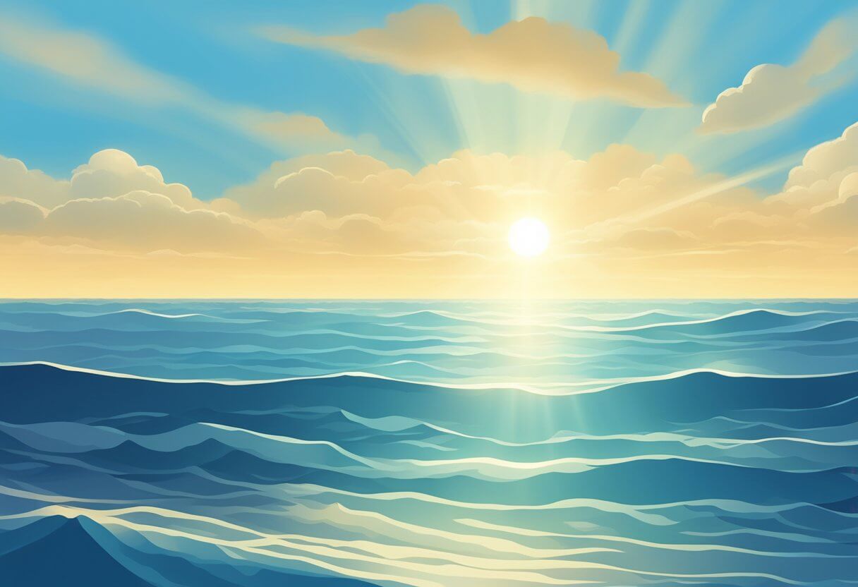 A serene blue sky with rays of light shining down on a calm sea, symbolizing the biblical meaning of the color blue