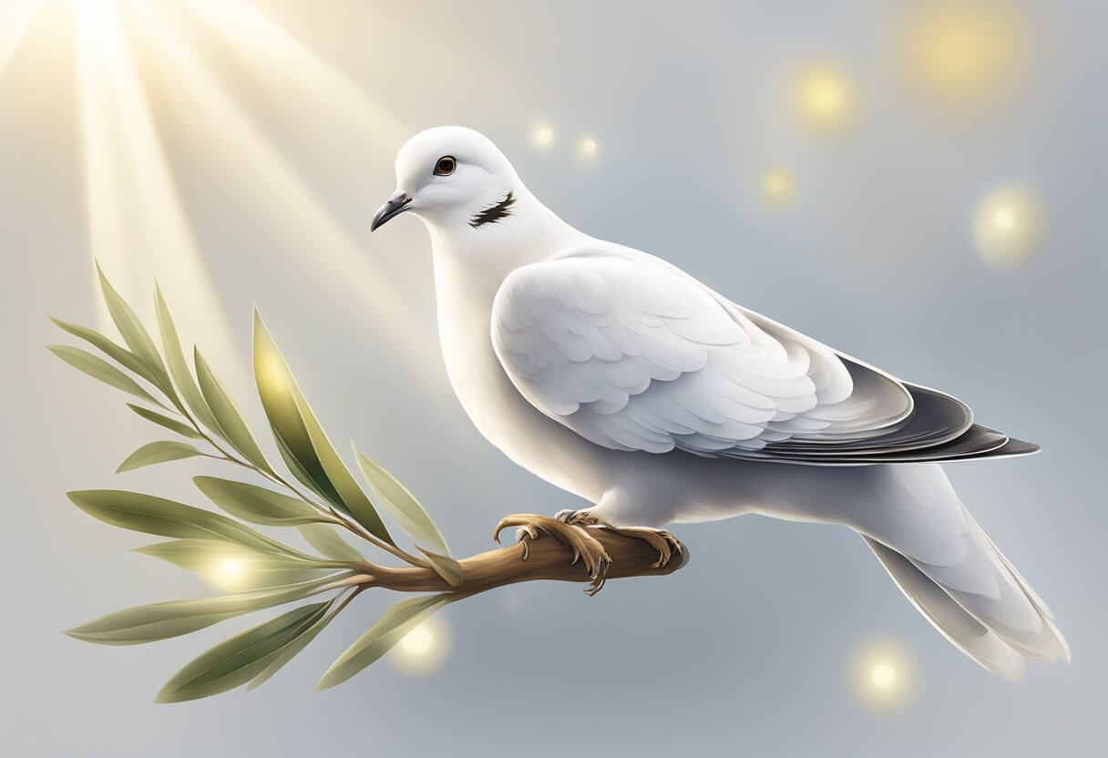 A dove with an olive branch in its beak, surrounded by a radiant white light, symbolizing peace and purity