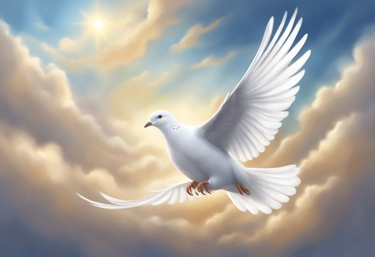 A dove with white feathers symbolizing purity, peace, and the Holy Spirit, descending from the heavens