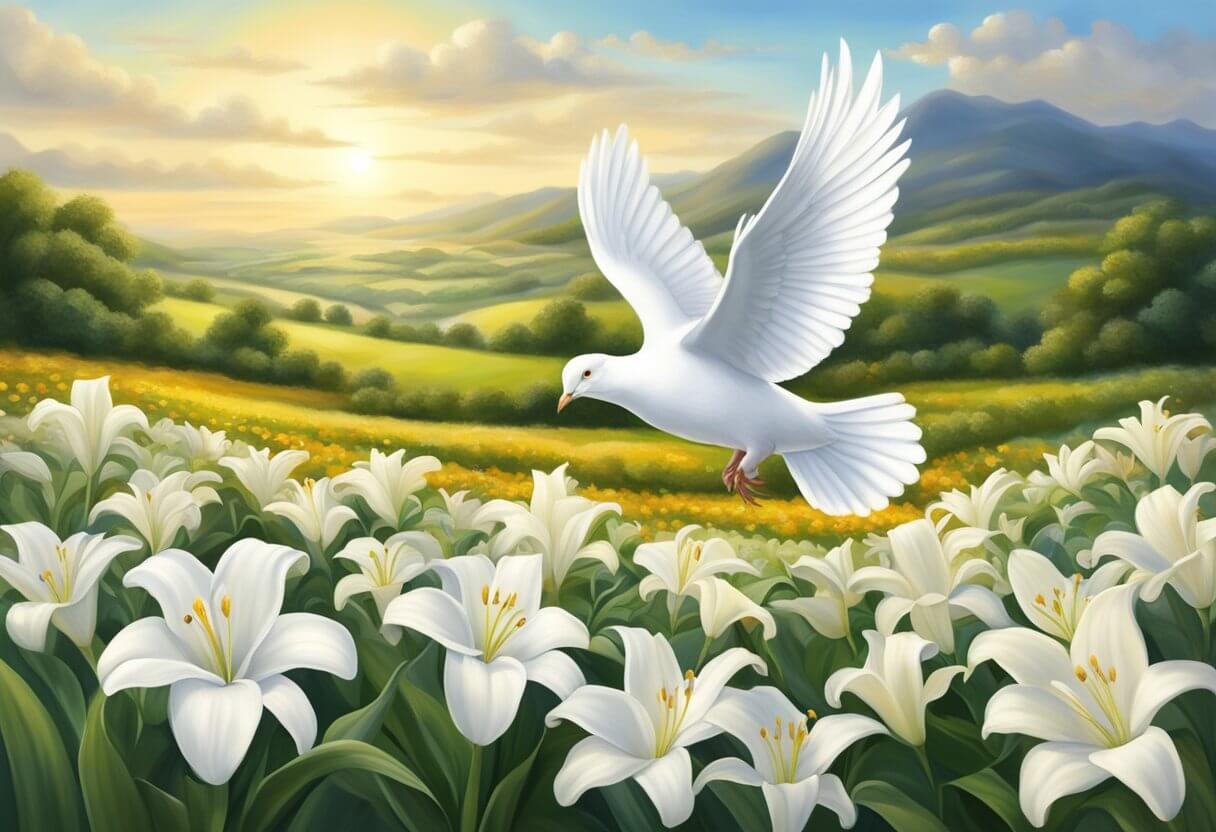 A pure white dove flies over a field of lilies, symbolizing peace, purity, and righteousness in the biblical meaning of the color white