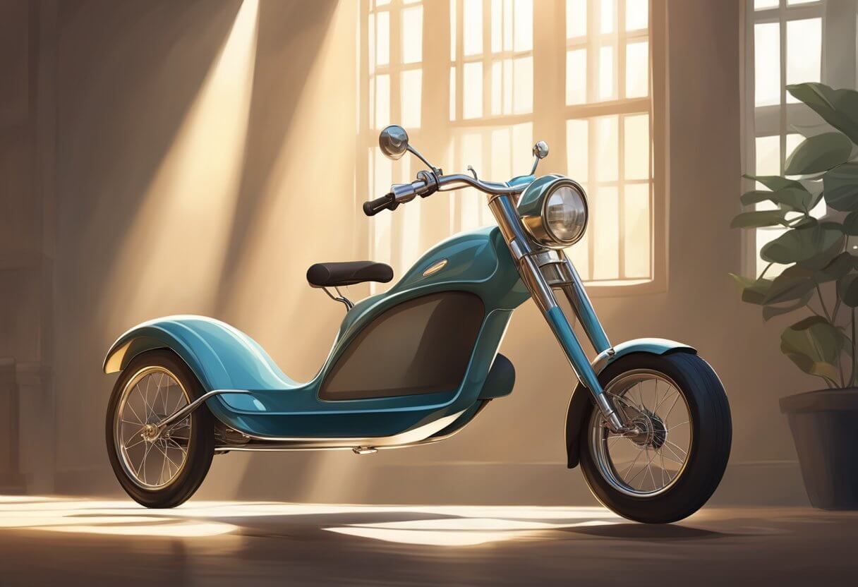 A tricycle sits alone in a dimly lit room, surrounded by soft rays of light. Its three wheels symbolize balance, unity, and the Holy Trinity