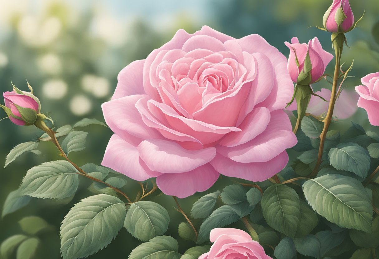 A pink rose blooming in a garden, symbolizing love, compassion, and femininity in biblical context