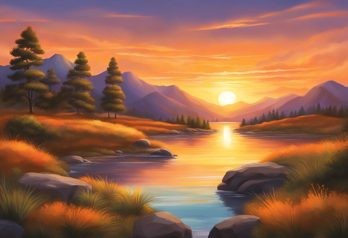 A vibrant orange sunset illuminates a serene landscape, symbolizing the biblical meanings of enthusiasm, creativity, and spiritual transformation