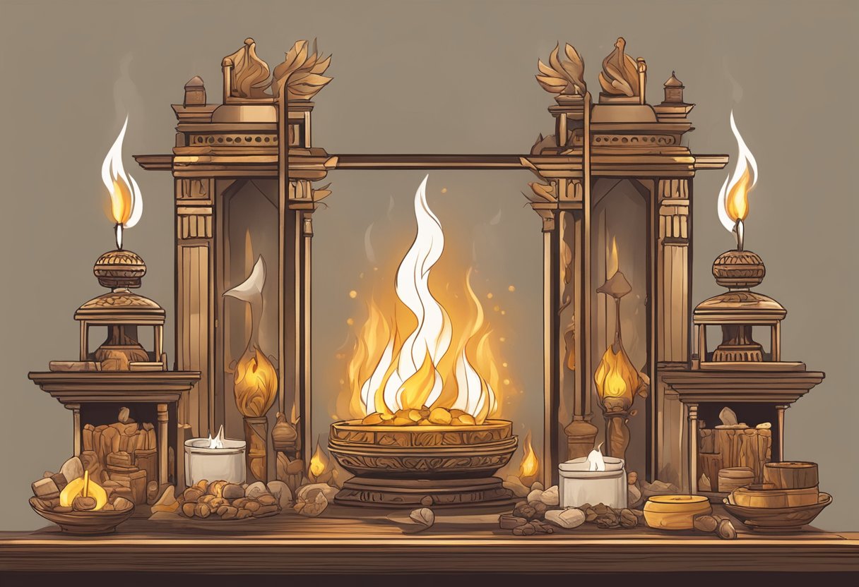 A burning altar with seven symbolic items representing spiritual sacrifices