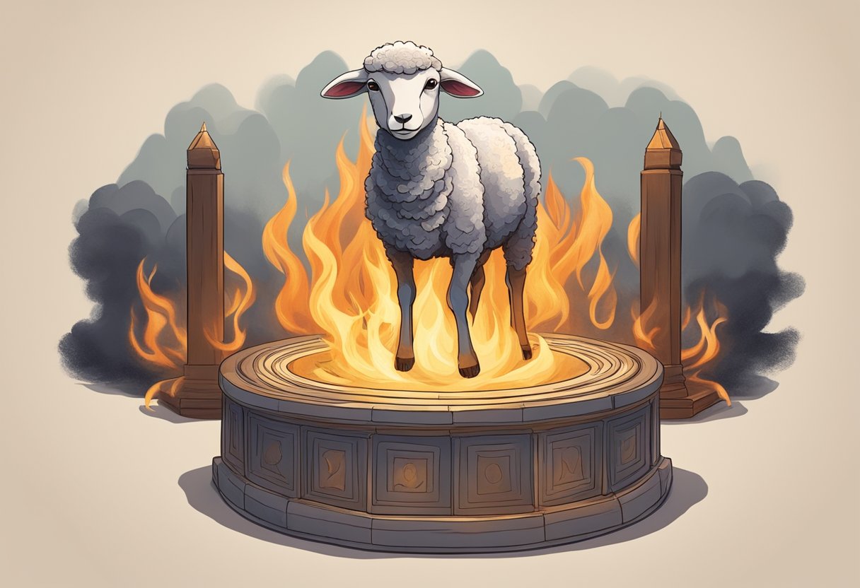 A lamb on an altar, surrounded by flames, symbolizing spiritual sacrifices in a biblical context