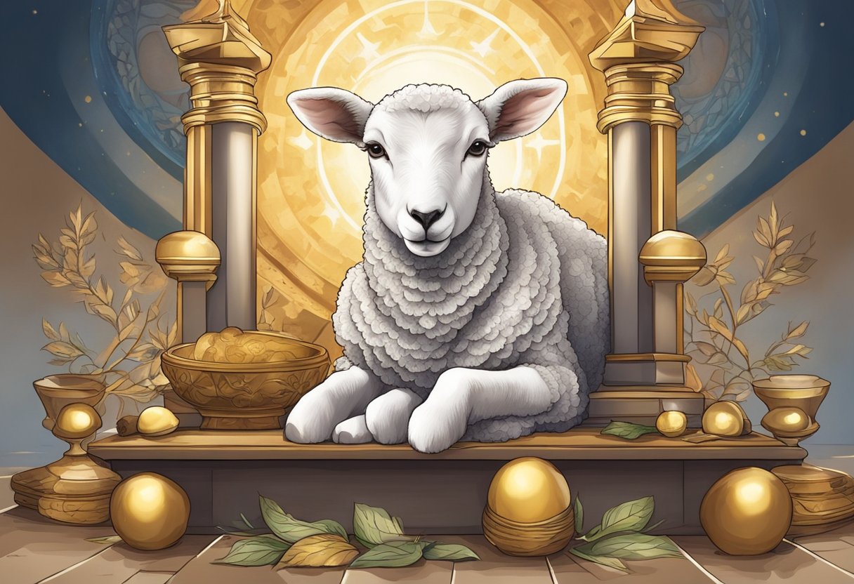 A lamb on an altar, surrounded by symbols of worship and devotion, represents the concept of sacrifice in the Bible