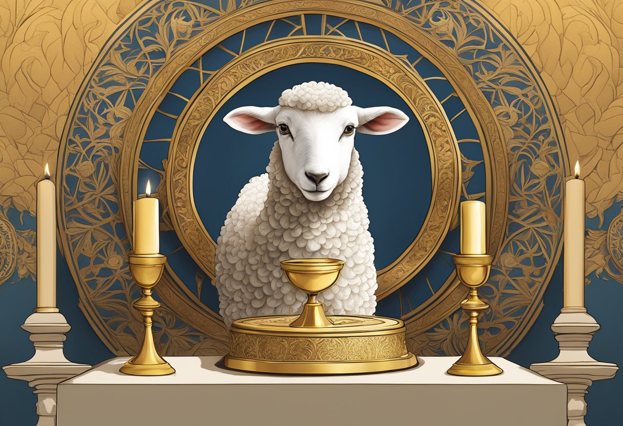 A lamb on an altar, surrounded by incense and a golden chalice