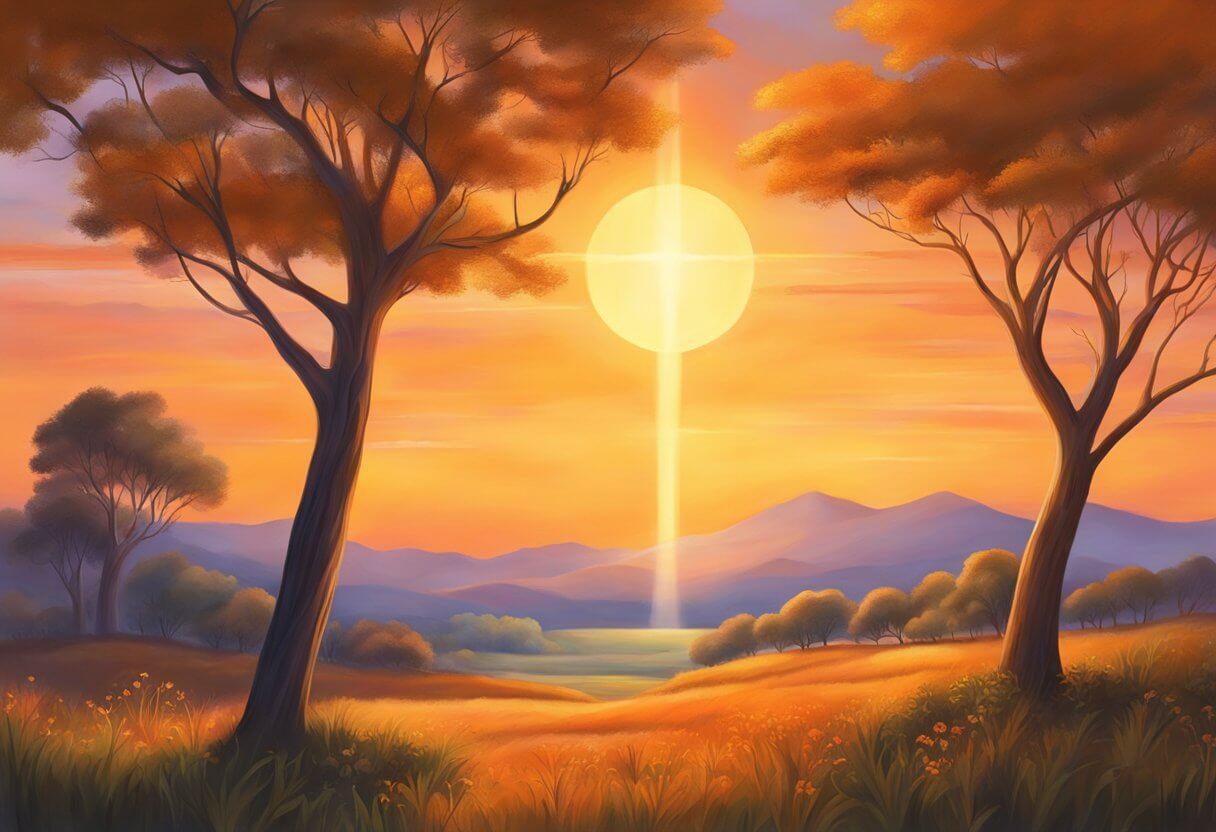 A vibrant orange sunrise illuminates a serene landscape, symbolizing warmth, vitality, and divine presence in biblical contexts