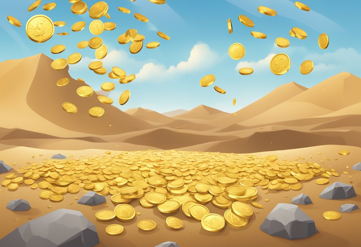 A pile of gold coins raining down from the sky onto a barren desert landscape