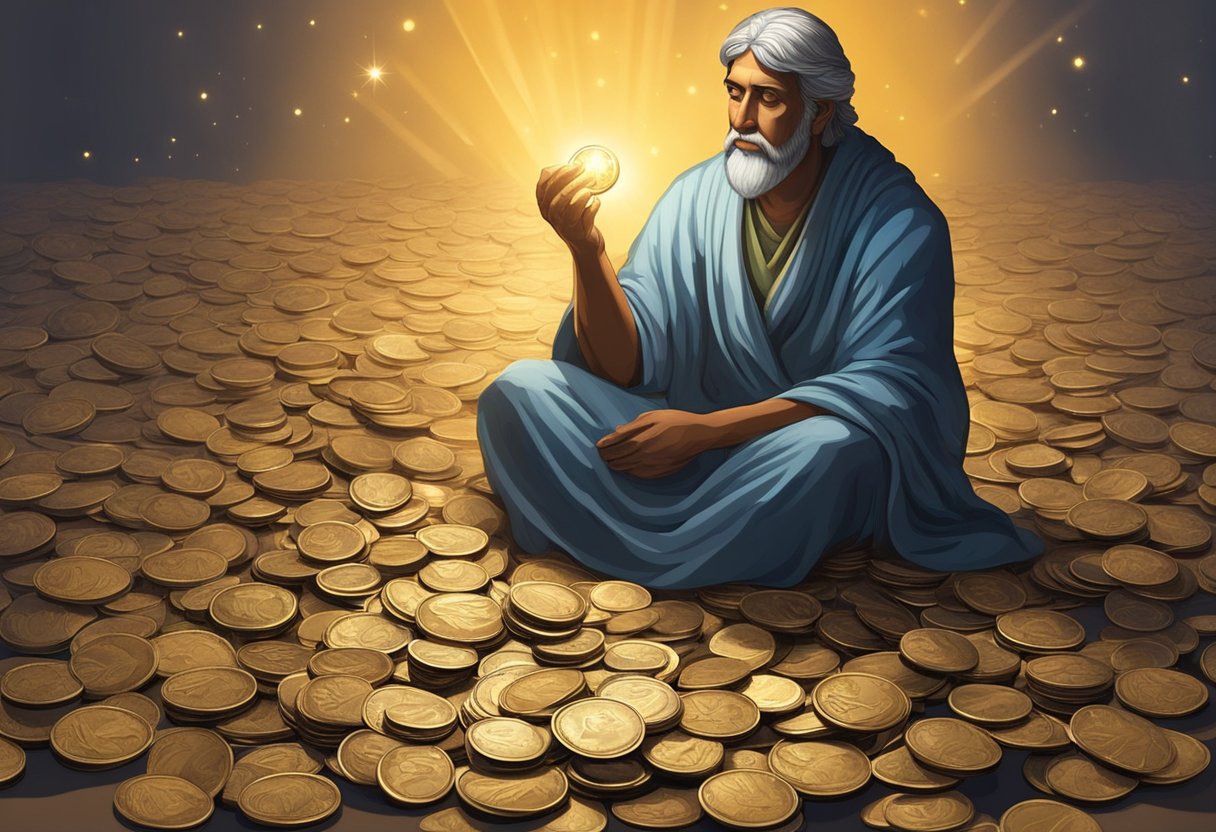 A figure gazes at a pile of coins, their expression contemplative. A beam of light shines down, symbolizing divine guidance and spiritual significance