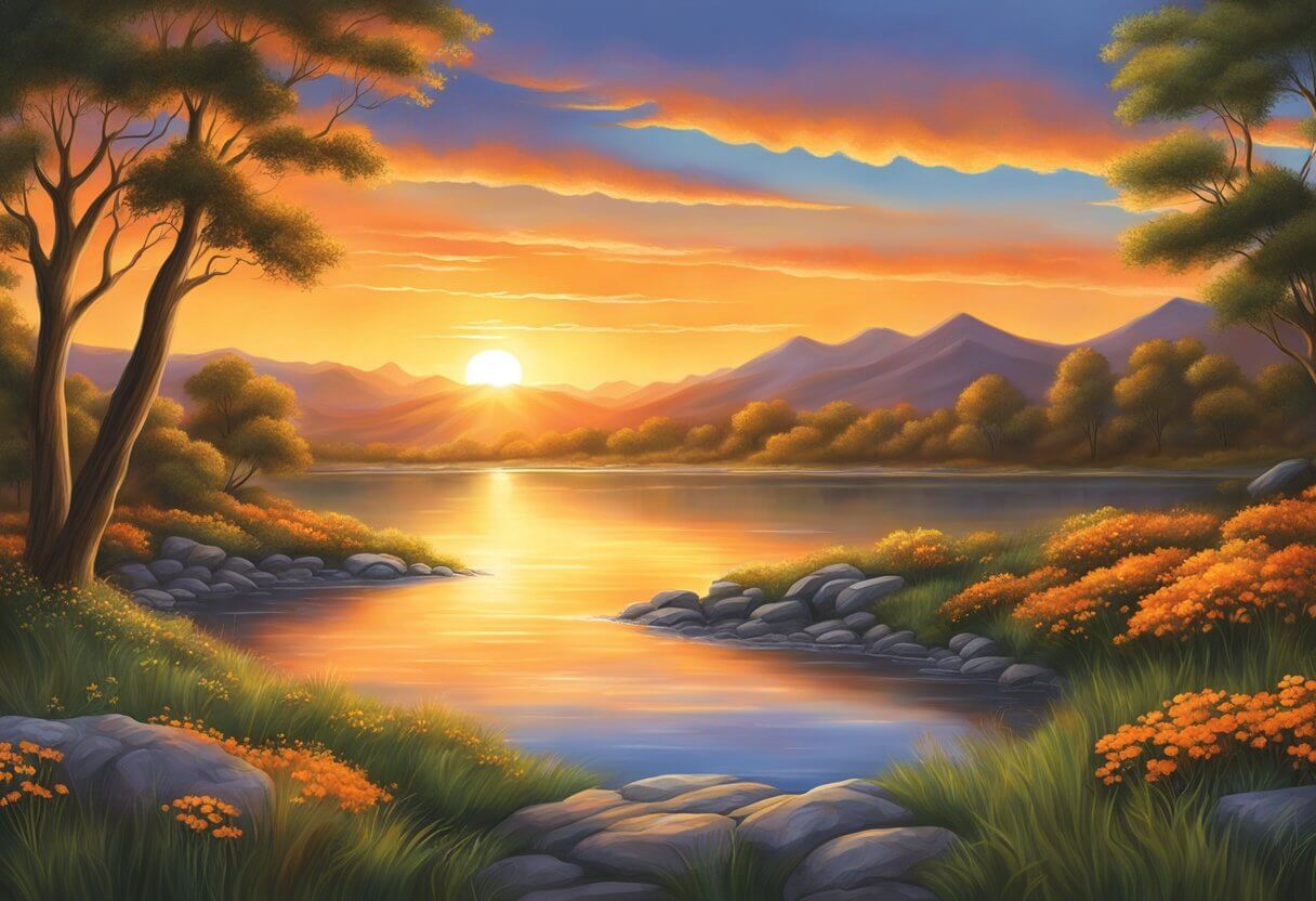 A vibrant orange sunset illuminates a serene landscape, symbolizing the final words and spiritual significance in biblical teachings