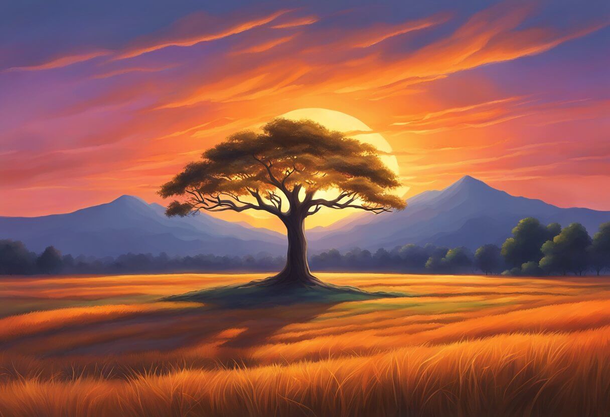 A vibrant orange sunset illuminates a serene landscape, with a lone tree standing tall against the colorful sky, symbolizing spiritual enlightenment and divine presence