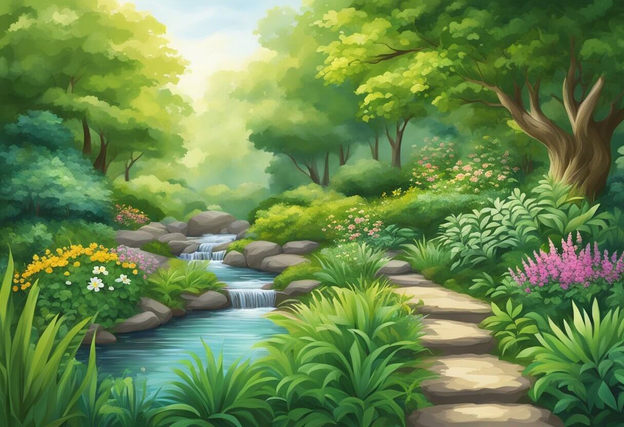 Lush garden with vibrant green foliage, symbolizing growth, renewal, and life. A peaceful stream flows through, representing spiritual nourishment and abundance