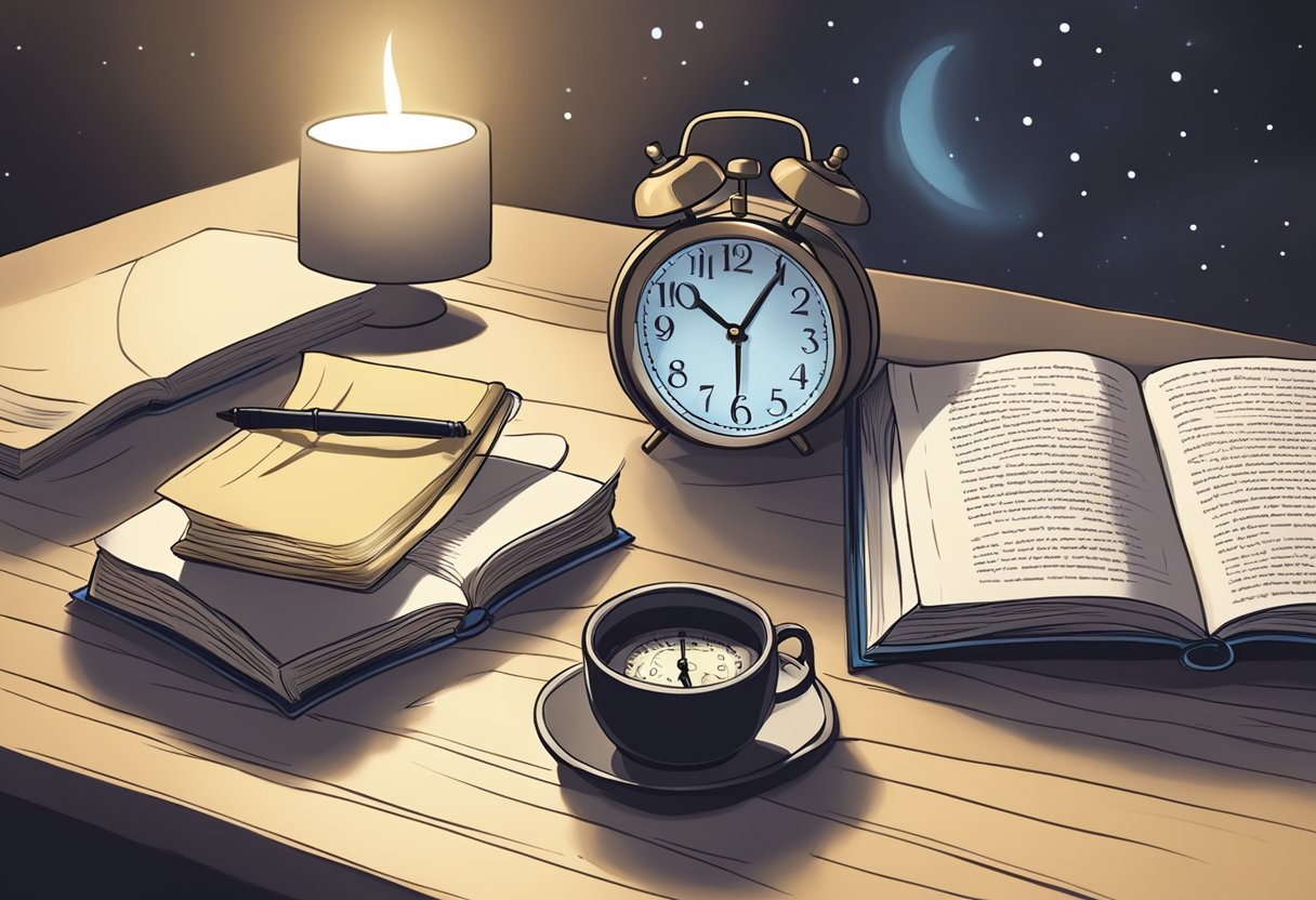 A dimly lit room with a clock showing 2am. A book with the title "Understanding Sleep in the Biblical Context" open on a table. A sense of spiritual contemplation in the air