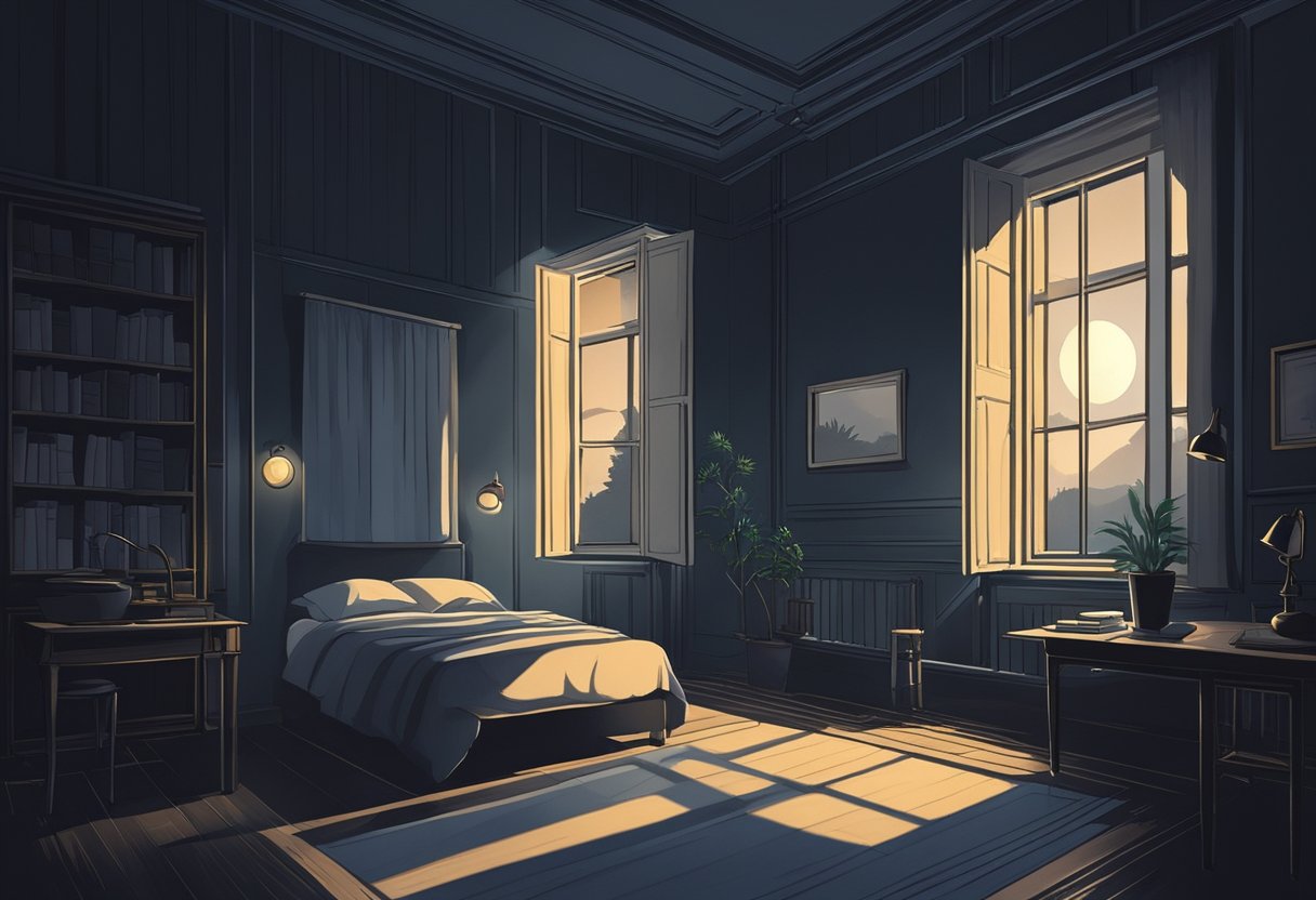 A dark room with a clock showing 2 AM. Moonlight filters through the window, casting shadows. A sense of quiet and stillness permeates the scene, evoking a spiritual and introspective atmosphere