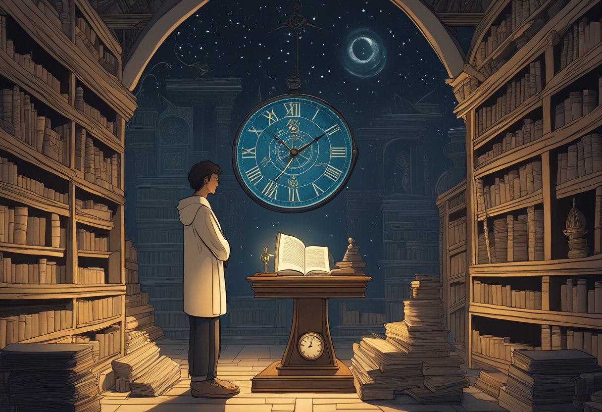 A figure stands in a dimly lit room, surrounded by ancient texts and symbols. A beam of moonlight illuminates a clock reading 2am, evoking a sense of spiritual awakening and divine presence